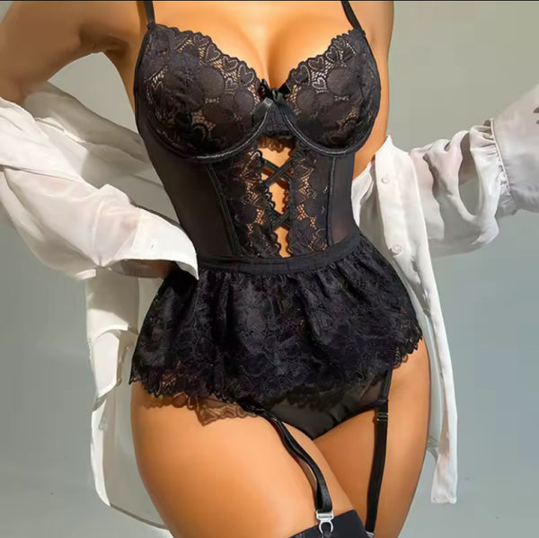 Sexy Lace Crotchless Bodysuit – Transparent Bra Teddy with Bow Detail