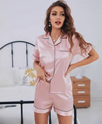 Silk Satin Short Sleeve Pyjama Set Button-Down Two-Piece